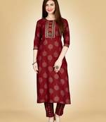 Maroon Embroidery Work Rayon Stiched Kurta Pant