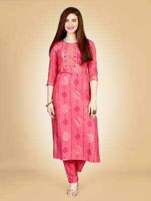 Pink Embroidery Work Rayon Stiched Kurta Pant 1
