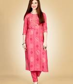 Pink Embroidery Work Rayon Stiched Kurta Pant