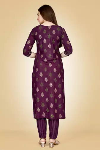 Purple Embroidery Work Rayon Stiched Kurta Pant