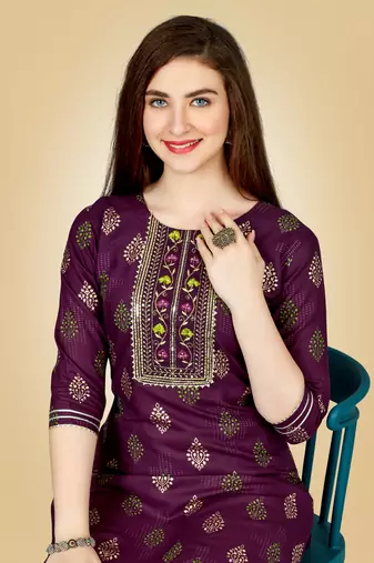 Purple Embroidery Work Rayon Stiched Kurta Pant