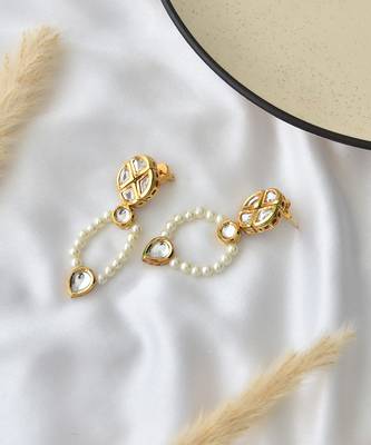 White gold tone kundan and pearl dangler earrings 2