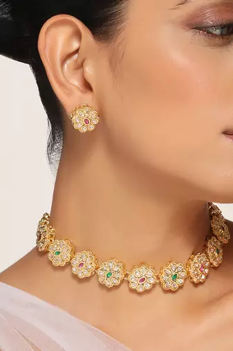 Red and green gold tone kundan choker set