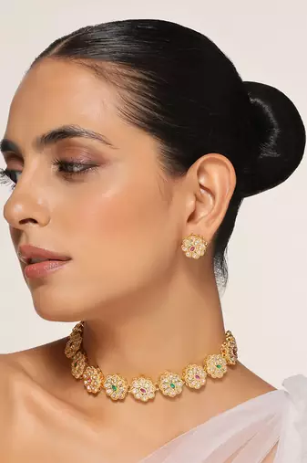 Red and green gold tone kundan choker set