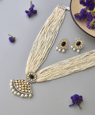 Blue silver tone polki necklace set 2