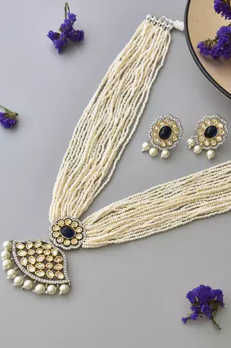 Blue silver tone polki necklace set