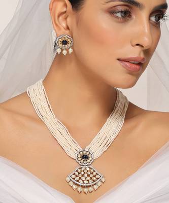 Blue silver tone polki necklace set 3