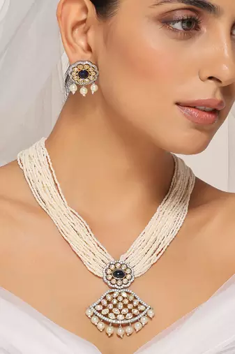 Blue silver tone polki necklace set