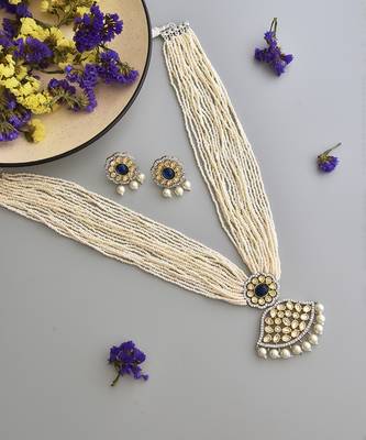 Blue silver tone polki necklace set 4