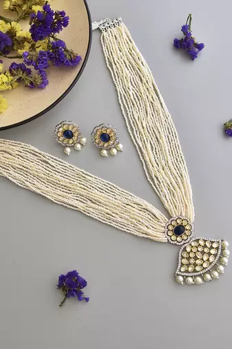 Blue silver tone polki necklace set