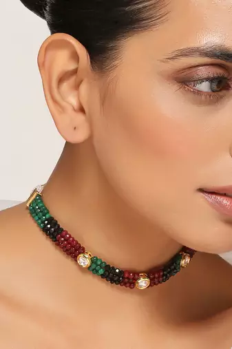 Red and green gold tone kundan choker