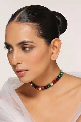 Red and green gold tone kundan choker