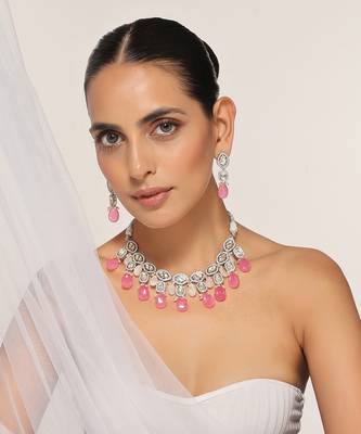 Pink silver tone zirconia necklace set 1