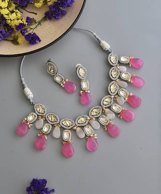 Pink silver tone zirconia necklace set 2