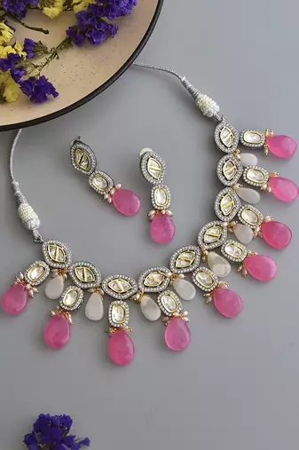 Pink silver tone zirconia necklace set