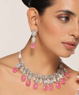 Pink silver tone zirconia necklace set 3