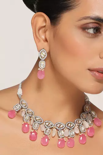 Pink silver tone zirconia necklace set