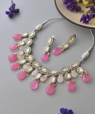 Pink silver tone zirconia necklace set 4