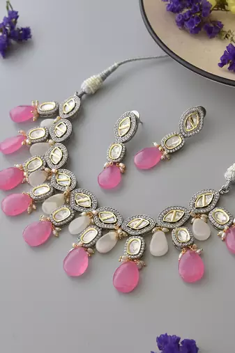 Pink silver tone zirconia necklace set