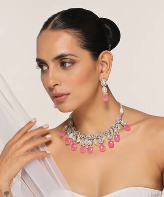 Pink silver tone zirconia necklace set 5