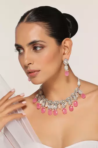 Pink silver tone zirconia necklace set