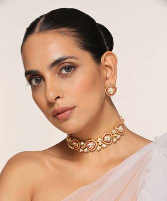 Red gold tone polki necklace set 1