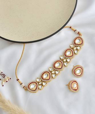 Red gold tone polki necklace set 2