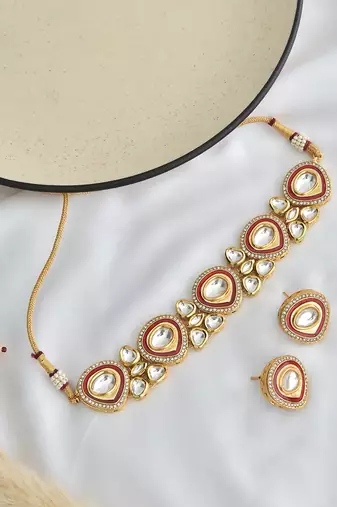 Red gold tone polki necklace set