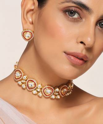 Red gold tone polki necklace set 3