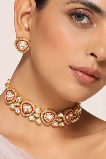 Red gold tone polki necklace set