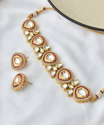 Red gold tone polki necklace set 4