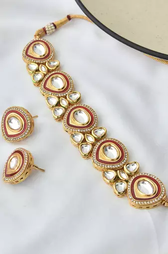 Red gold tone polki necklace set