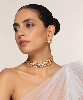 Red gold tone polki necklace set 5