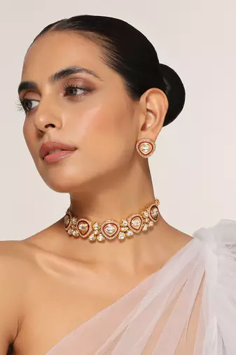 Red gold tone polki necklace set