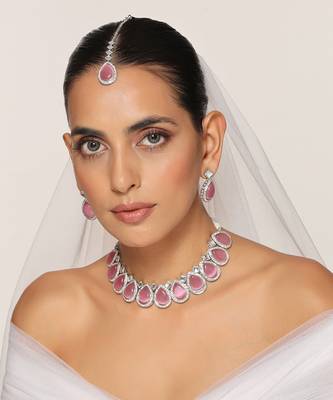Pink silver tone zirconia necklace set with maang tikka 1