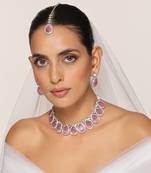 Pink silver tone zirconia necklace set with maang tikka