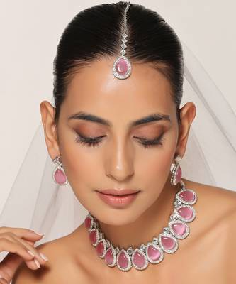 Pink silver tone zirconia necklace set with maang tikka 3