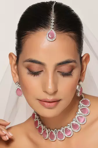 Pink silver tone zirconia necklace set with maang tikka