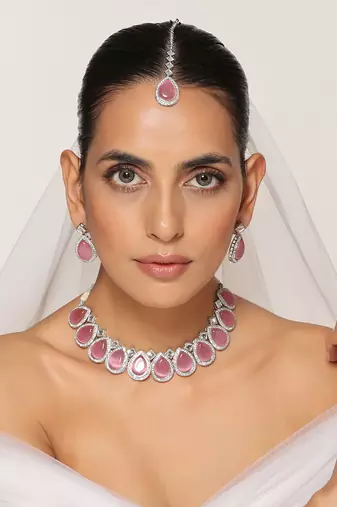 Pink silver tone zirconia necklace set with maang tikka