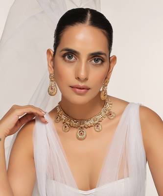 Red gold tone temple necklace set 1