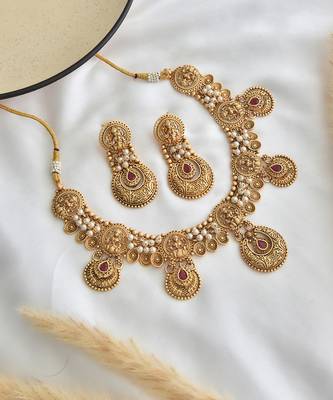 Red gold tone temple necklace set 2