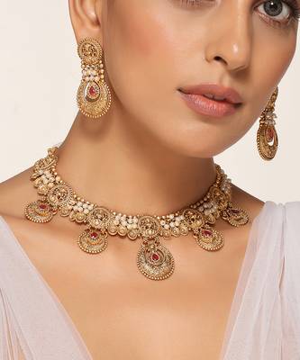 Red gold tone temple necklace set 3