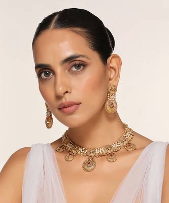 Red gold tone temple necklace set 5