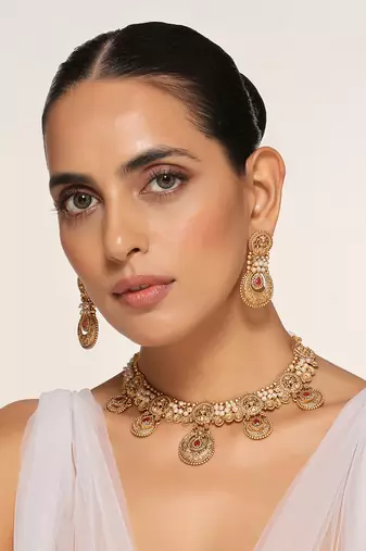 Red gold tone temple necklace set