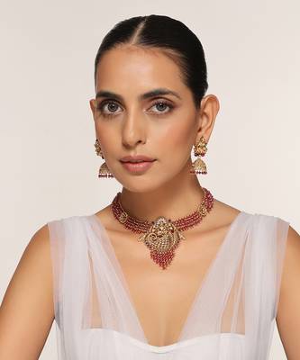 Red gold tone temple necklace set 1