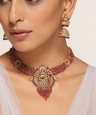 Red gold tone temple necklace set 3