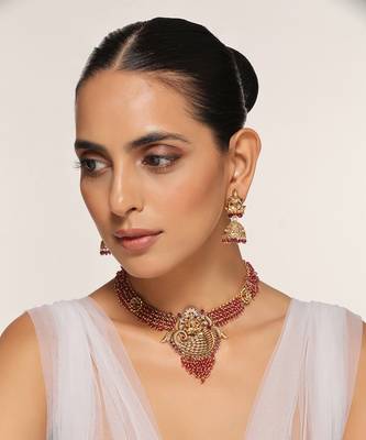 Red gold tone temple necklace set 5