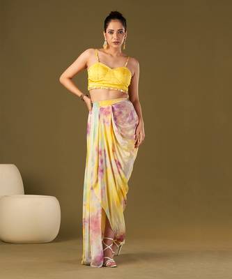 Yellow viscose crepe draped skirt set 1