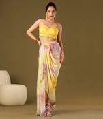 Yellow viscose crepe draped skirt set