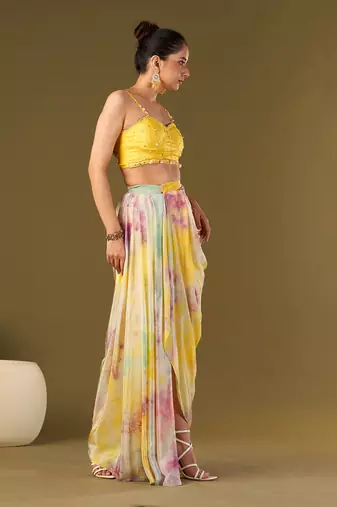 Yellow viscose crepe draped skirt set